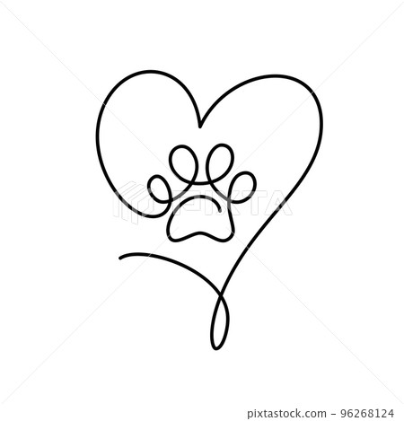 Cat or dog paw with big heart in continuous one line drawing logo. Minimal line art. Animal foorprint in frame. Pet love concept 96268124