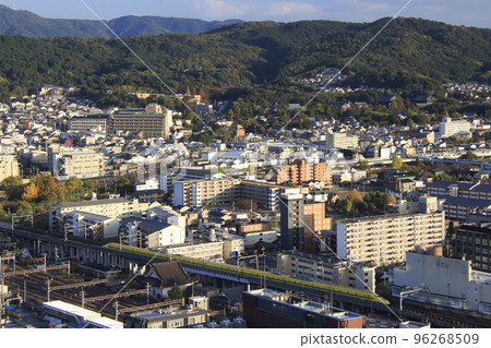 Tokaido Shinkansen doctor yellow going through Kyoto city in autumn Tokaido Shinkansen doctor yellow going through Kyoto city in autumn 96268509