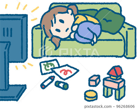 懶洋洋看電視的女孩插畫 懶洋洋看電視的女孩插畫 96268606