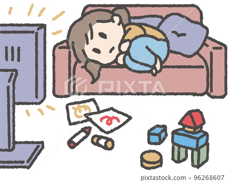 懶洋洋看電視的女孩插畫 96268607