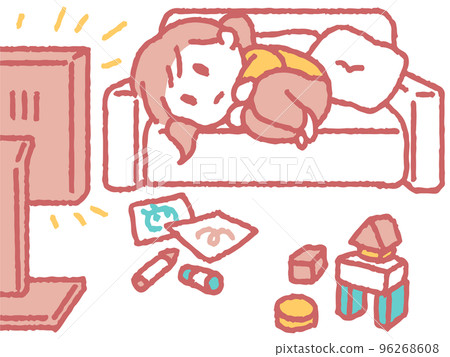 懶洋洋看電視的女孩插畫 懶洋洋看電視的女孩插畫 96268608