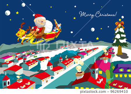 Illustration of Santa and his reindeer riding a sleigh through the snowy Christmas town (postcard size) 96269410