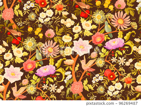 Fantasy flowers and birds in retro, vintage, jacobean embroidery style.  96269487