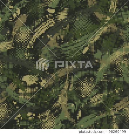 Seamless abstract camouflage pattern with PIXEL retro effect. Paint brush strokes, smears. Army or hunting green masking ornament for apparel, fabric, textile, sport goods. Seamless abstract camouflage pattern with PIXEL retro effect. Paint brush strokes, smears. Army or hunting green masking ornament for apparel, fabric, textile, sport goods. 96269499