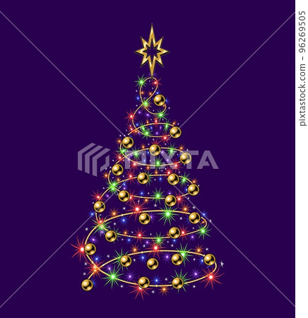 Fancy christmas tree made of festive colorful garland, gold balls, bethlehem gold star on top. Glowing sparkles, stars on wire strings. Spiral shape of tree. No transparency effect 96269505