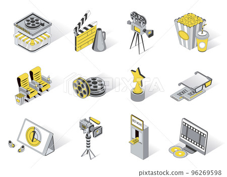Movie production 3d isometric icons set. Pack elements of cinema, video camera, clapperboard, megaphone, film reels, awards, tickets, popcorn and drinks. Vector illustration in modern isometry design 96269598