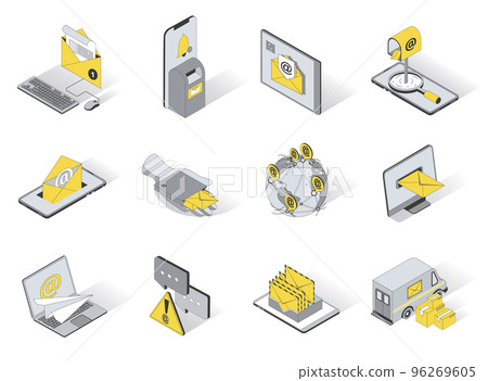 Email service 3d isometric icons set. Pack elements of writing letter, sending and receiving envelopes, online correspondence, feedback, mail delivery. Vector illustration in modern isometry design Email service 3d isometric icons set. Pack elements of writing letter, sending and receiving envelopes, online correspondence, feedback, mail delivery. Vector illustration in modern isometry design 96269605
