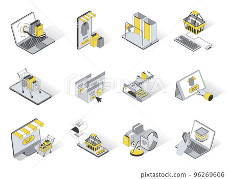 Online shopping 3d isometric icons set. Pack elements of purchases in bags, choose of goods, adding to cart, online payment, discount prices on website. Vector illustration in modern isometry design 96269606