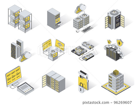 Data center 3d isometric icons set. Pack elements of server racks, cloud computing and storage, computer data processing and server network equipment. Vector illustration in modern isometry design 96269607