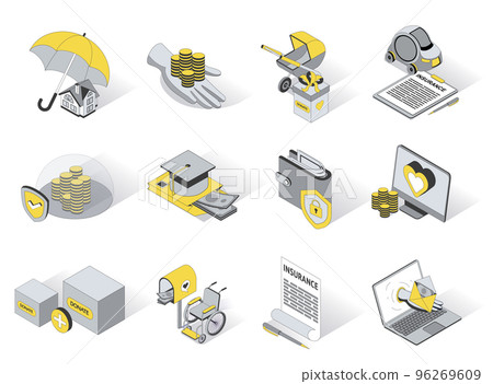 Social security 3d isometric icons set. Pack elements of mortgage benefits, house and car insurance, maternity donate, benefits for disability, perks. Vector illustration in modern isometry design Social security 3d isometric icons set. Pack elements of mortgage benefits, house and car insurance, maternity donate, benefits for disability, perks. Vector illustration in modern isometry design 96269609