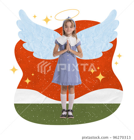 Contemporary art collage. Creative design with cute little girl, child in image of angel making a wish. Concept of Christmas, New Year 96270313