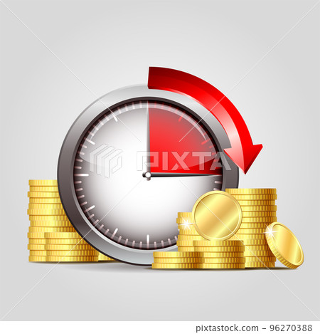 Red alarm clock and gold coins in a realistic style. Time is money metaphor. Money investment concept 96270388