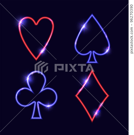 Neon colored symbols deck of cards for playing poker and casino. 96270390