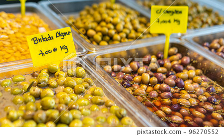 Assortment of olives on market in Europe Assortment of olives on market in Europe 96270552