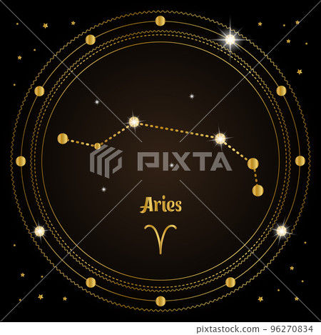 Aries, constellation of the zodiac sign in the cosmic magic circle. Golden design on a dark background. Vector 96270834