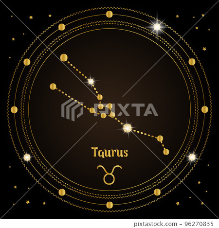 Taurus, constellation of the zodiac sign in the cosmic magic circle. Golden design on a dark background. Vector 96270835