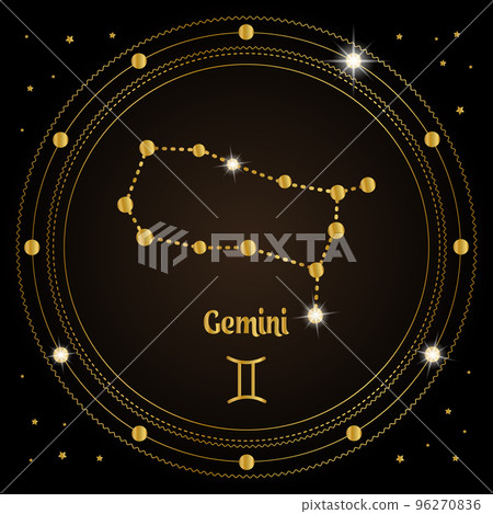 Gemini, constellation of the zodiac sign in the cosmic magic circle. Golden design on a dark background. Vector 96270836