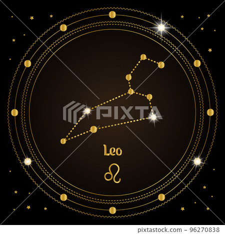 Leo, constellation of the zodiac sign in the cosmic magic circle. Golden design on a dark background. Vector Leo, constellation of the zodiac sign in the cosmic magic circle. Golden design on a dark background. Vector 96270838