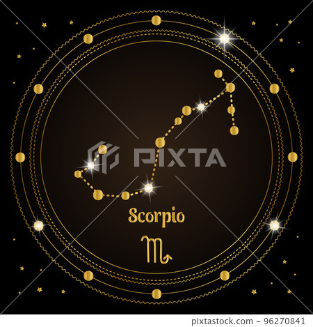 Scorpio, constellation of the zodiac sign in the cosmic magic circle. Golden design on a dark background. Vector Scorpio, constellation of the zodiac sign in the cosmic magic circle. Golden design on a dark background. Vector 96270841