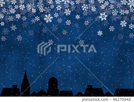 Night city watercolor painting with snowflakes 96270948
