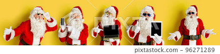 Collage with portraits of excited Santa Clause with modern gadgets isolated over yellow background. Winter holidays, warm greetings, Merry Christmas, 2023 New Year Collage with portraits of excited Santa Clause with modern gadgets isolated over yellow background. Winter holidays, warm greetings, Merry Christmas, 2023 New Year 96271289