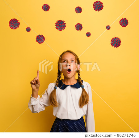 Young student is with shocked expression and indicates codiv-19 virus. Yellow background 96271746