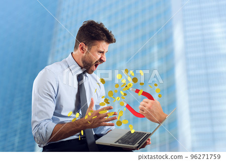 Hacker steals money from bank account of a businessman. concept of fraud and fhishing Hacker steals money from bank account of a businessman. concept of fraud and fhishing 96271759