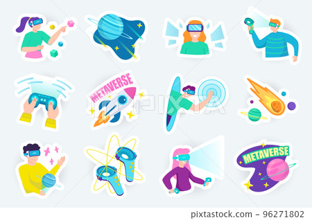 Metaverse cute stickers set in flat cartoon design. Bundle of man and woman in VR headset, joystick, gaming, rocket, space, controller and other. Vector illustration for planner or organizer template 96271802