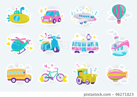 Transport cute stickers set in flat cartoon design. Bundle of submarine, car, airplane, helicopter, scooter, tram, ship, bus, tractor and other. Vector illustration for planner or organizer template 96271823