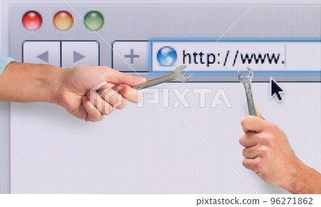 Hand with wrench over a internet web browser. concept of fix errors Hand with wrench over a internet web browser. concept of fix errors 96271862
