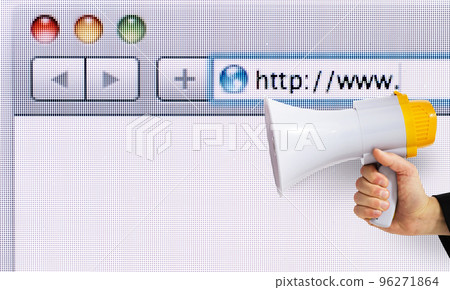 Person with loudspeaker announces a internet new website 96271864