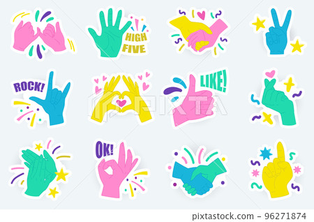 Hands gesture cute stickers set in flat cartoon design. Bundle of high five, holding hands, victory, rock, love, like, okey, applause and other. Vector illustration for planner or organizer template Hands gesture cute stickers set in flat cartoon design. Bundle of high five, holding hands, victory, rock, love, like, okey, applause and other. Vector illustration for planner or organizer template 96271874