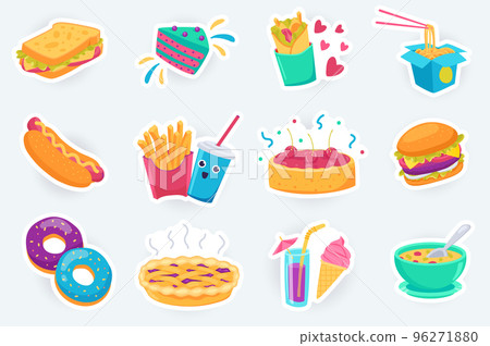 Tasty fast food cute stickers set in flat cartoon design. Bundle of sandwich, cake, burrito, noodle, hot dog, fries, cola, cherry pie and other. Vector illustration for planner or organizer template Tasty fast food cute stickers set in flat cartoon design. Bundle of sandwich, cake, burrito, noodle, hot dog, fries, cola, cherry pie and other. Vector illustration for planner or organizer template 96271880
