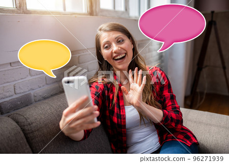 Girl does a video call with her family, due to covid19 coronavirus. Girl does a video call with her family, due to covid19 coronavirus. 96271939