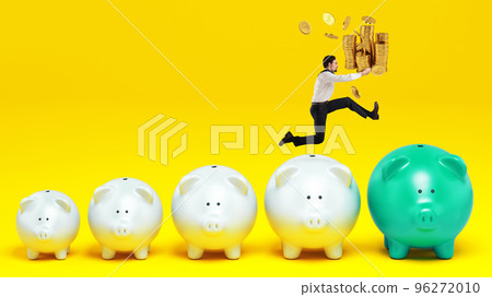 Man carries his money to a bigger piggy bank to make it pay off to the maximum Man carries his money to a bigger piggy bank to make it pay off to the maximum 96272010
