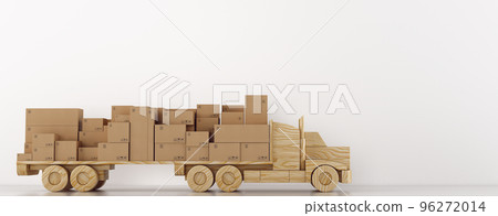 Cardboard boxes package on a wooden toy truck ready to be delivered on white background 96272014