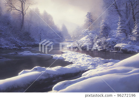 Winter in the woods with snow covered trees and a spectacular mountain landscape glowing by sunlight Winter in the woods with snow covered trees and a spectacular mountain landscape glowing by sunlight 96272196
