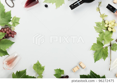 Flat-lay of red, rose and white wine in glasses on white backgroun, mock up, templated Flat-lay of red, rose and white wine in glasses on white backgroun, mock up, templated 96272475