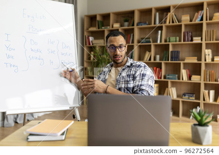Cyberlearning, remote education concept. Arab male teacher giving online English lesson, using laptop computer Cyberlearning, remote education concept. Arab male teacher giving online English lesson, using laptop computer 96272564