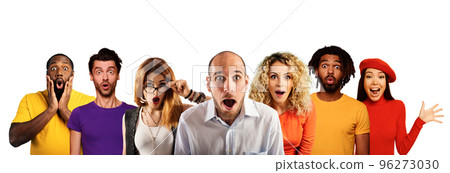 People with wondered, surprised and happy expression are shocked for new revelation . Isolated on white background People with wondered, surprised and happy expression are shocked for new revelation . Isolated on white background 96273030