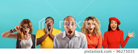 People with wondered, surprised and happy expression are shocked for new revelation . Cyan background People with wondered, surprised and happy expression are shocked for new revelation . Cyan background 96273035