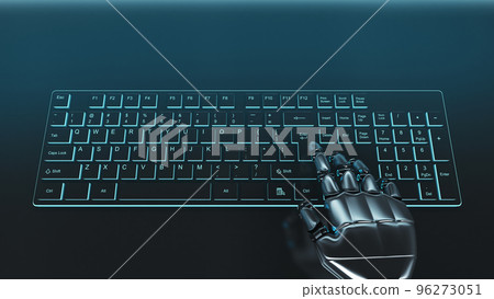 Futuristic grey cyborg hand pressing a key on a keyboard Futuristic grey cyborg hand pressing a key on a keyboard 96273051