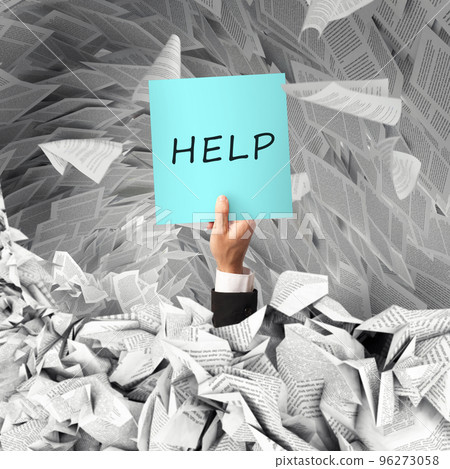Worker overwhelmed by paperwork calls for help with a sign in hand as it is sinking Worker overwhelmed by paperwork calls for help with a sign in hand as it is sinking 96273058