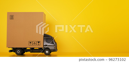 Big cardboard box package on a grey truck ready to be delivered on yellow background Big cardboard box package on a grey truck ready to be delivered on yellow background 96273102