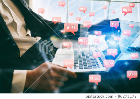 Very social business man gets approval on social media. 96273172