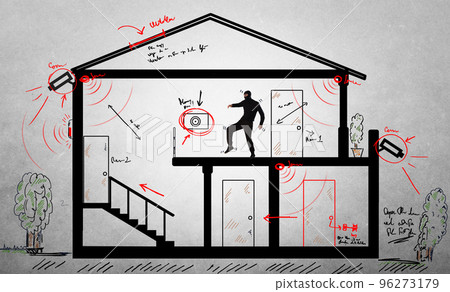 Thief is inside an apartment and try to avoid the alarm system and the video surveillance 96273179