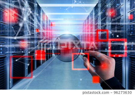 Hacker with magnifier lens try to read illegally protected information stored on server Hacker with magnifier lens try to read illegally protected information stored on server 96273630