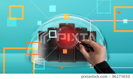 Hacker with magnifier lens try to read illegally protected information stored on server. Cyan background 96273650