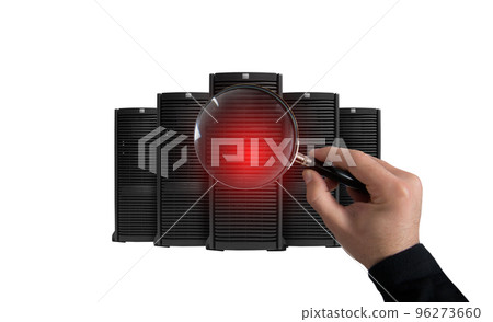 Hacker with magnifier lens try to read illegally protected information stored on server 96273660