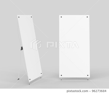 Blank roll up banner, mockup vertical x stand front and side view, 3d render. Realistic set of white board, display for exhibition or promotional presentation isolated on background Blank roll up banner, mockup vertical x stand front and side view, 3d render. Realistic set of white board, display for exhibition or promotional presentation isolated on background 96273684